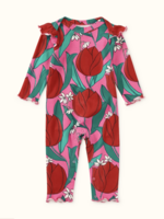 Tea Collection RUFFLE SHOULDER BABY ROMPER TULIP TWIST IN PINK