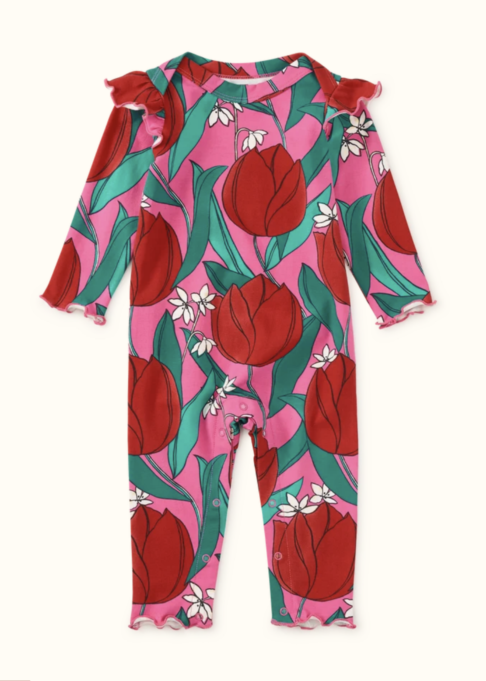 Tea Collection RUFFLE SHOULDER BABY ROMPER TULIP TWIST IN PINK