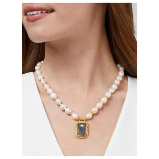 Marbella Statement Necklace Gold Iridescent Charcoal Blue and Freshwater Pearl