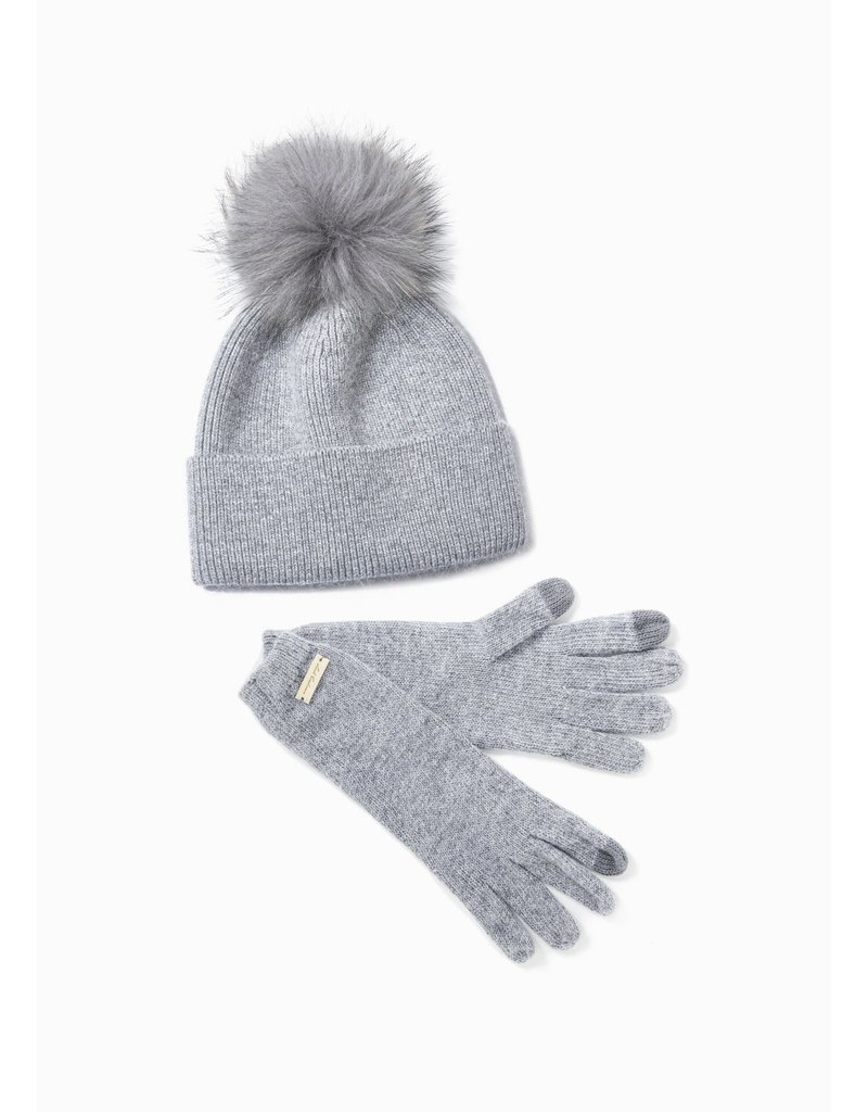 Look By M Light Grey Cashmere Blended Ribbed Knit Pom Pom Beanie