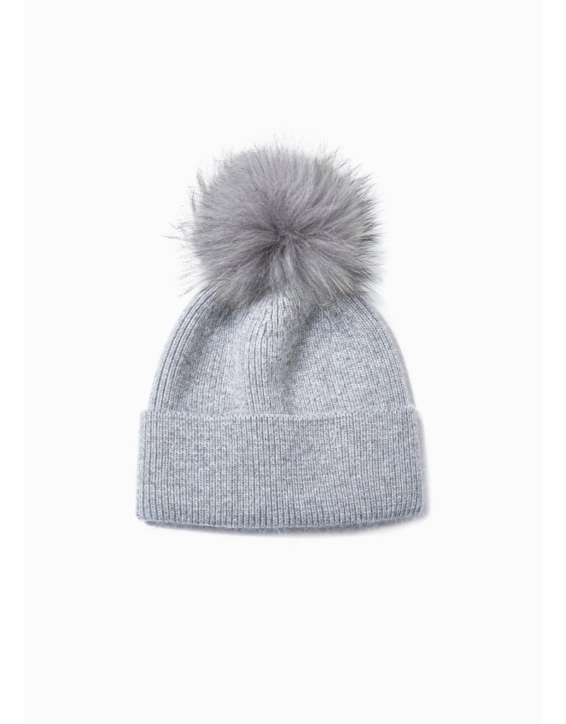 Look By M Light Grey Cashmere Blended Ribbed Knit Pom Pom Beanie