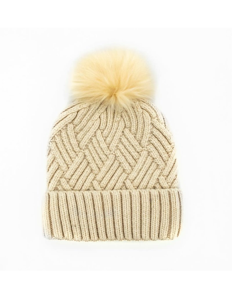 Mitchies Matchings Ivory Woven Knit Hat w Fox Pom