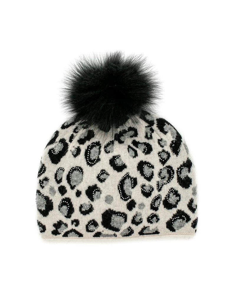Mitchies Matchings Pearl & Black Leopard Print Hat w Fox Pom