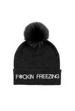 Mitchies Matchings F*ckin Freezing Black Knit Hat w Black Fox Pom
