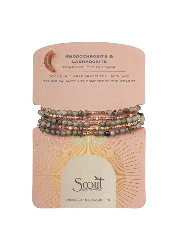 Scout Stone Duo Wrap Bracelet/Necklace/Pin - Rhodochrosite & Labradorite/Gold