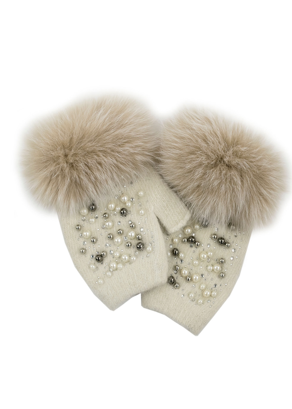Mitchies Matchings Knit Ivory Fingerless Gloves w Pearls & Fox Fur