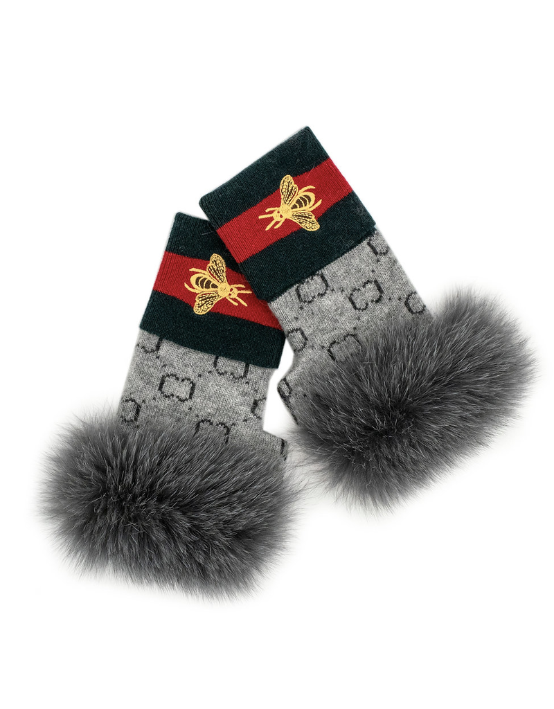 Mitchies Matchings Grey Wool Knit Fingerless Gloves w Embroidered Bee & Fox Fur Trim