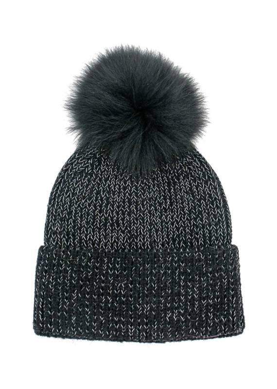 Mitchies Matchings Black Knit Hat w Reflective Thread w Fox Pom
