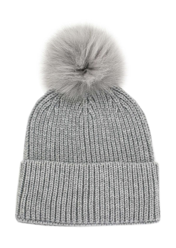 Mitchies Matchings Light Grey Knit Hat w Reflective Thread & Fox Pom