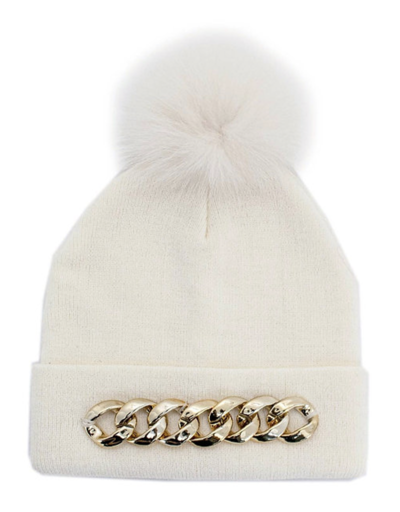Mitchies Matchings Ivory Knit Hat w Metallic Gold Chain & Fox Pom