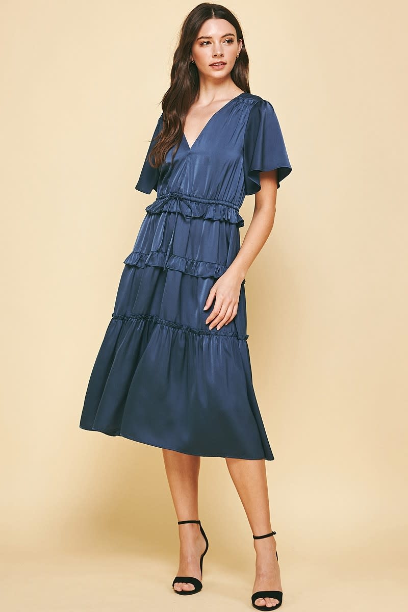 satin ruffle midi dress