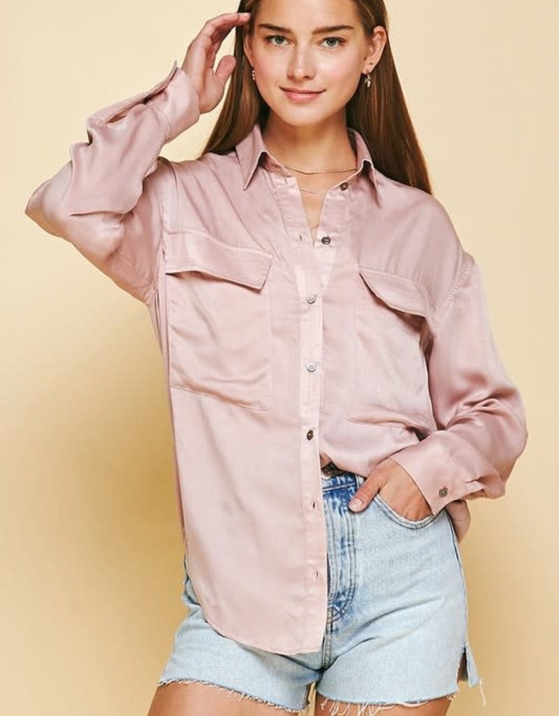 pinch pocketed long sleeve silky top
