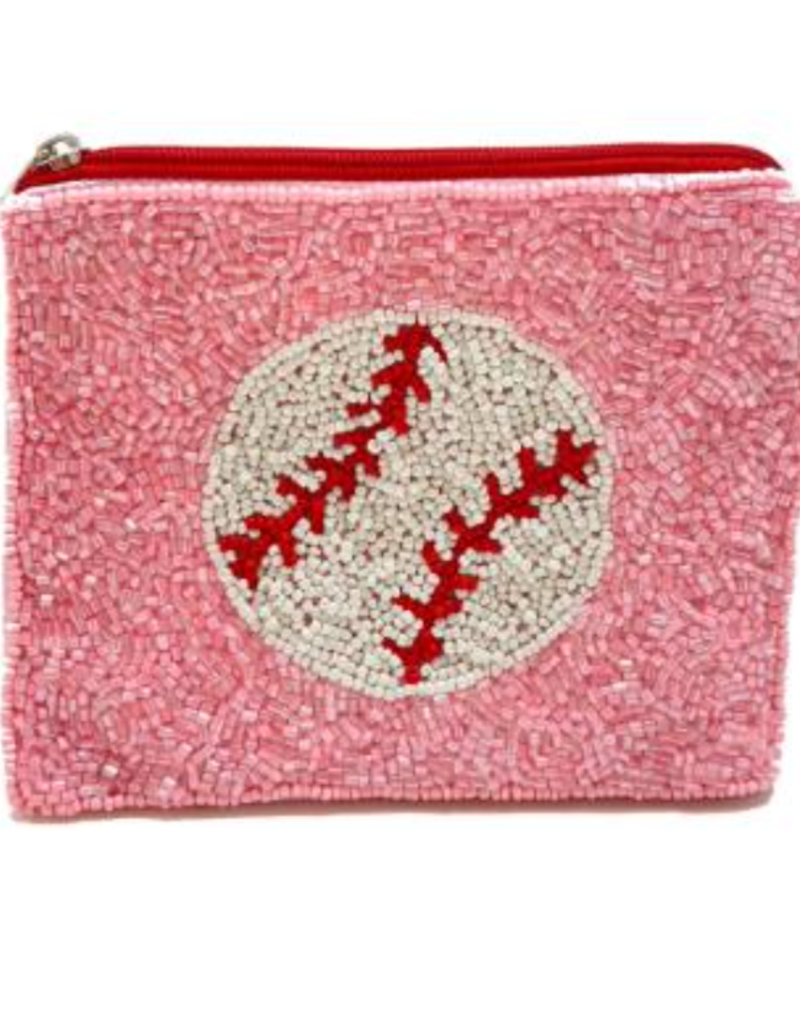 baseball beaded coin pouch - pink