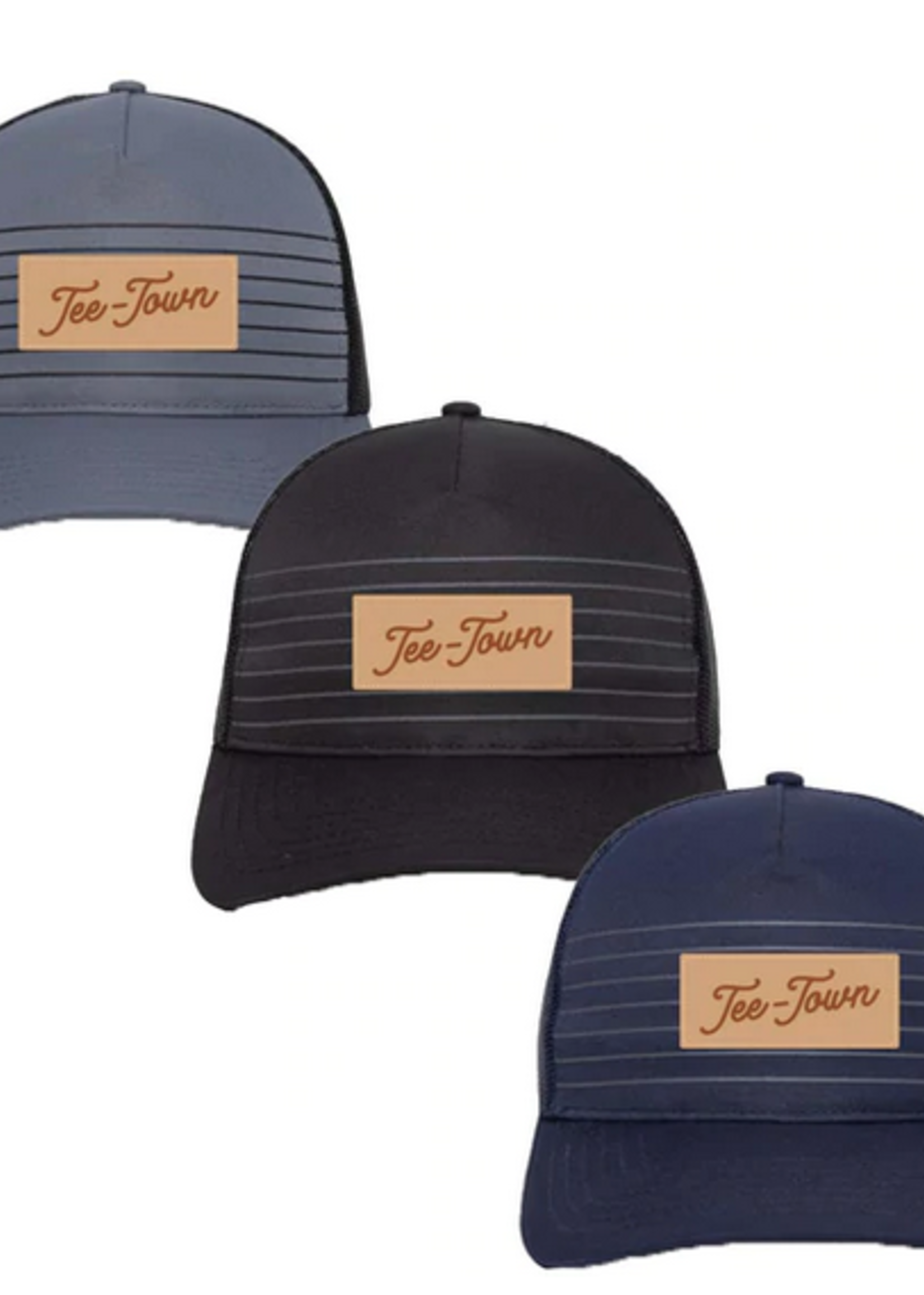 striped it tee town leather patch trucker hat