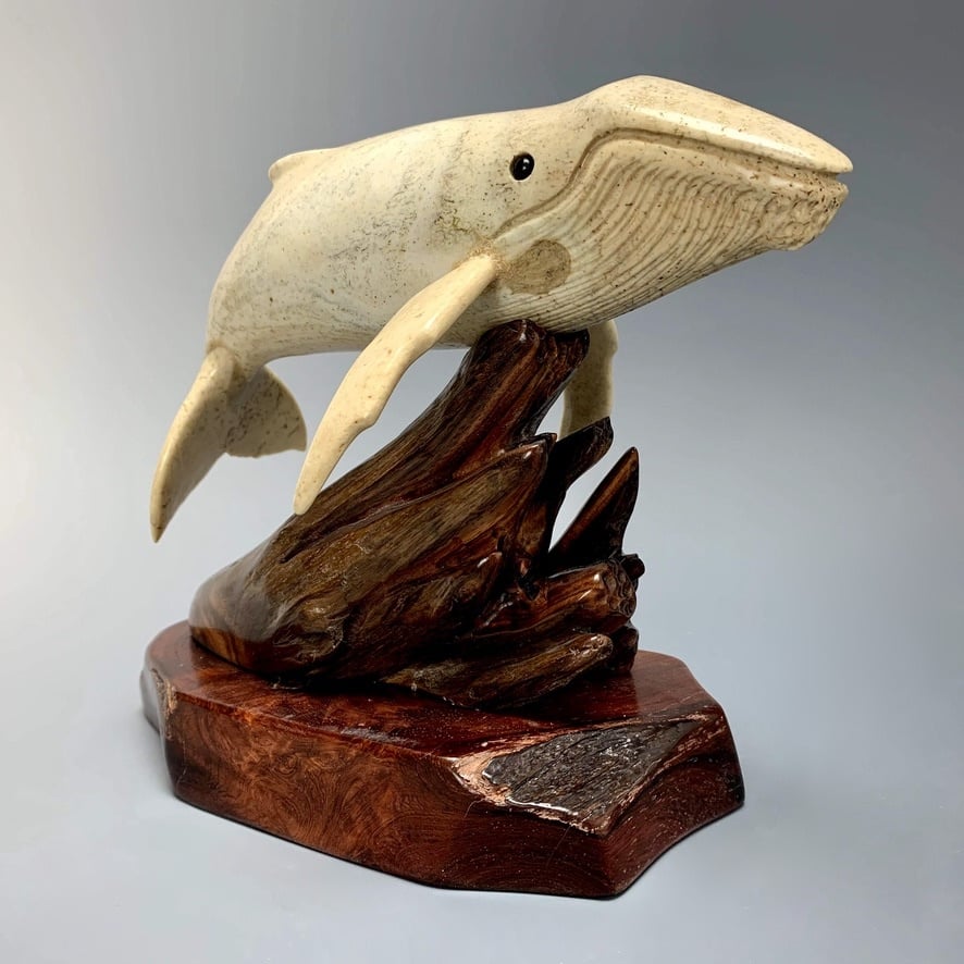 Harold- The Humpback Whale Carved from Fossilized Walrus Jawbone Sculpture #226