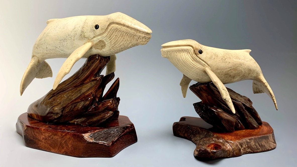 Harmony - The Humpback Whale Carved from Fossilized Walrus Jawbone Sculpture #227
