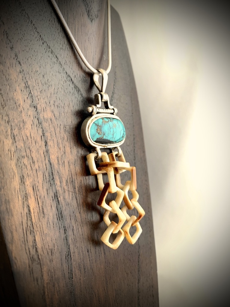 Turquoise and Fossil Walrus Ivory Link Pendant #244