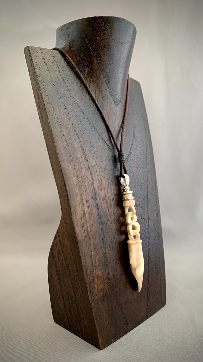 Fossil Walrus Ivory Link Carved Pendant and Leather Necklace #269 - SOLD