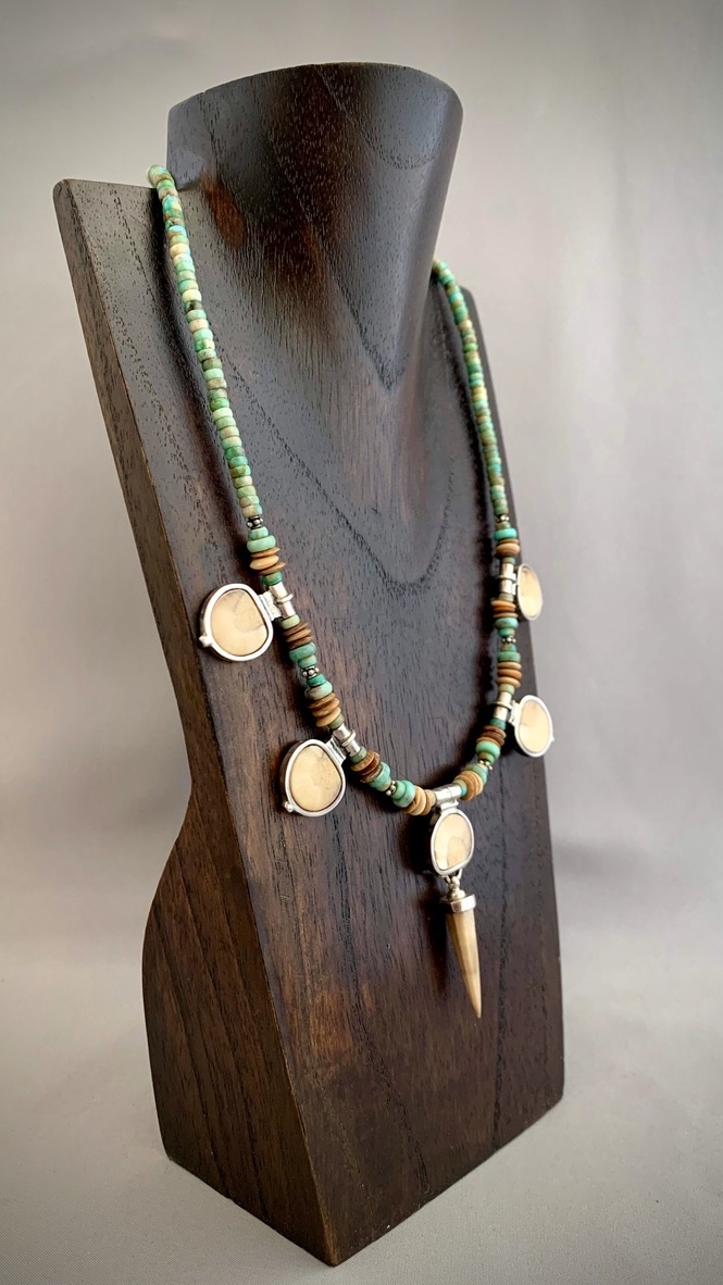 Spike Necklace - Fossil Walrus and Mammoth Ivory, Turquoise #272