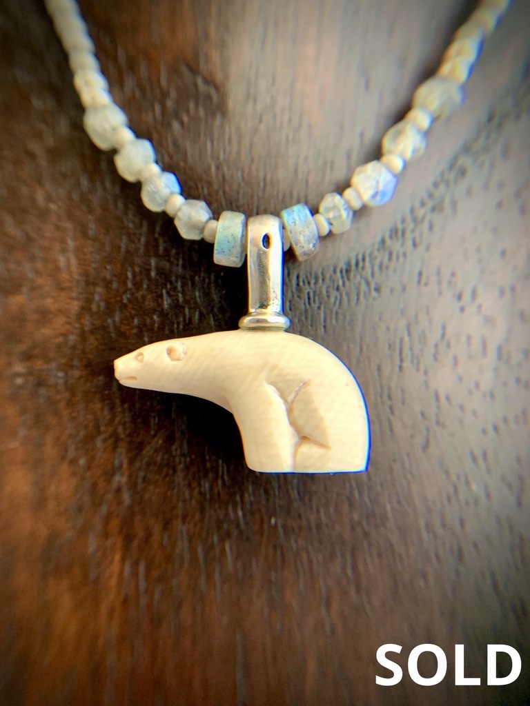 Sea Bead and Fossil Mammoth Ivory Bear Necklace #268