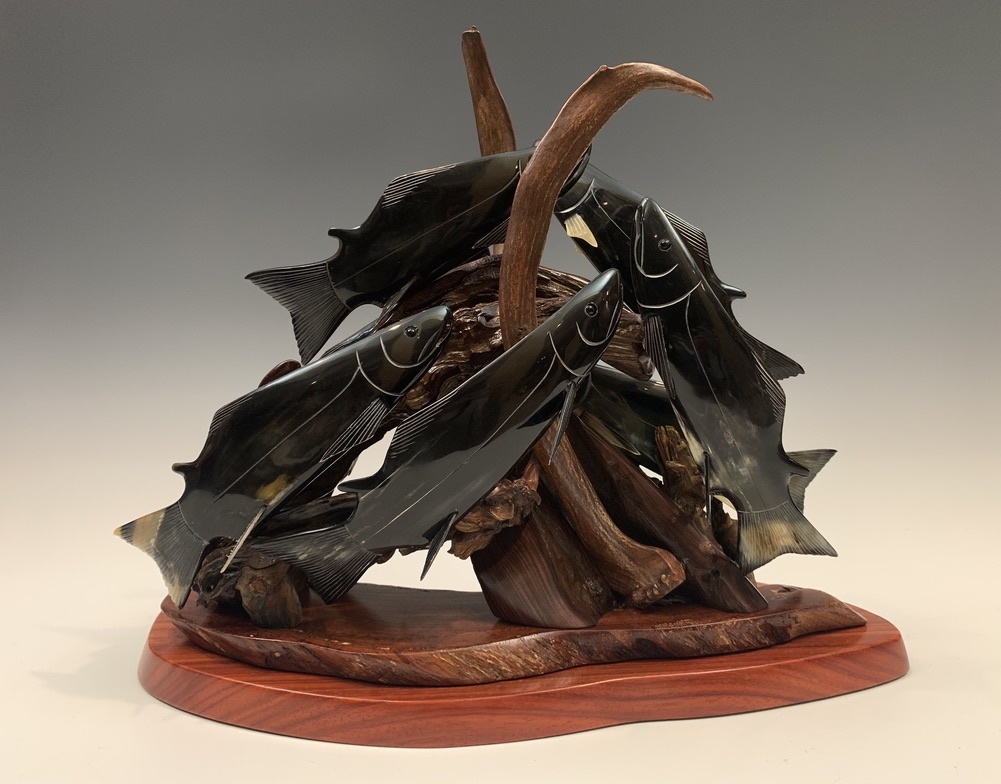 Spawning Salmon - Buffalo Horn and Antler Sculpture #400