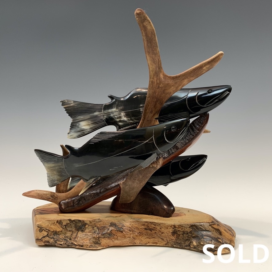 Spawning Salmon - Buffalo Horn and Antler Sculpture #413