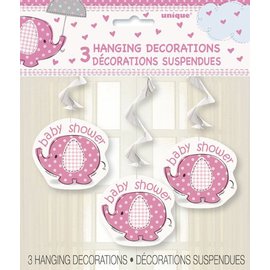 Baby Shower Pink Elephants Hanging Swirl Decoraiton Kit 3/pk
