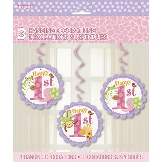 1st Birthday Pink Safari Hanging Swirl Decoration 3/pk