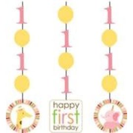 1st Birthday Pink Safari Animals Hanging Decorations 3/pk (36" Long)