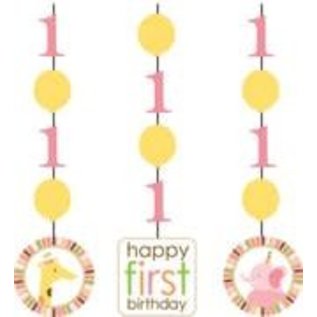 1st Birthday Pink Safari Animals Hanging Decorations 3/pk (36" Long)