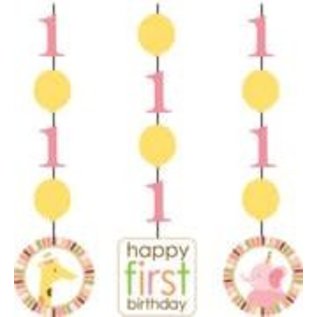 1st Birthday Pink Safari Animals Hanging Decorations 3/pk (36" Long)