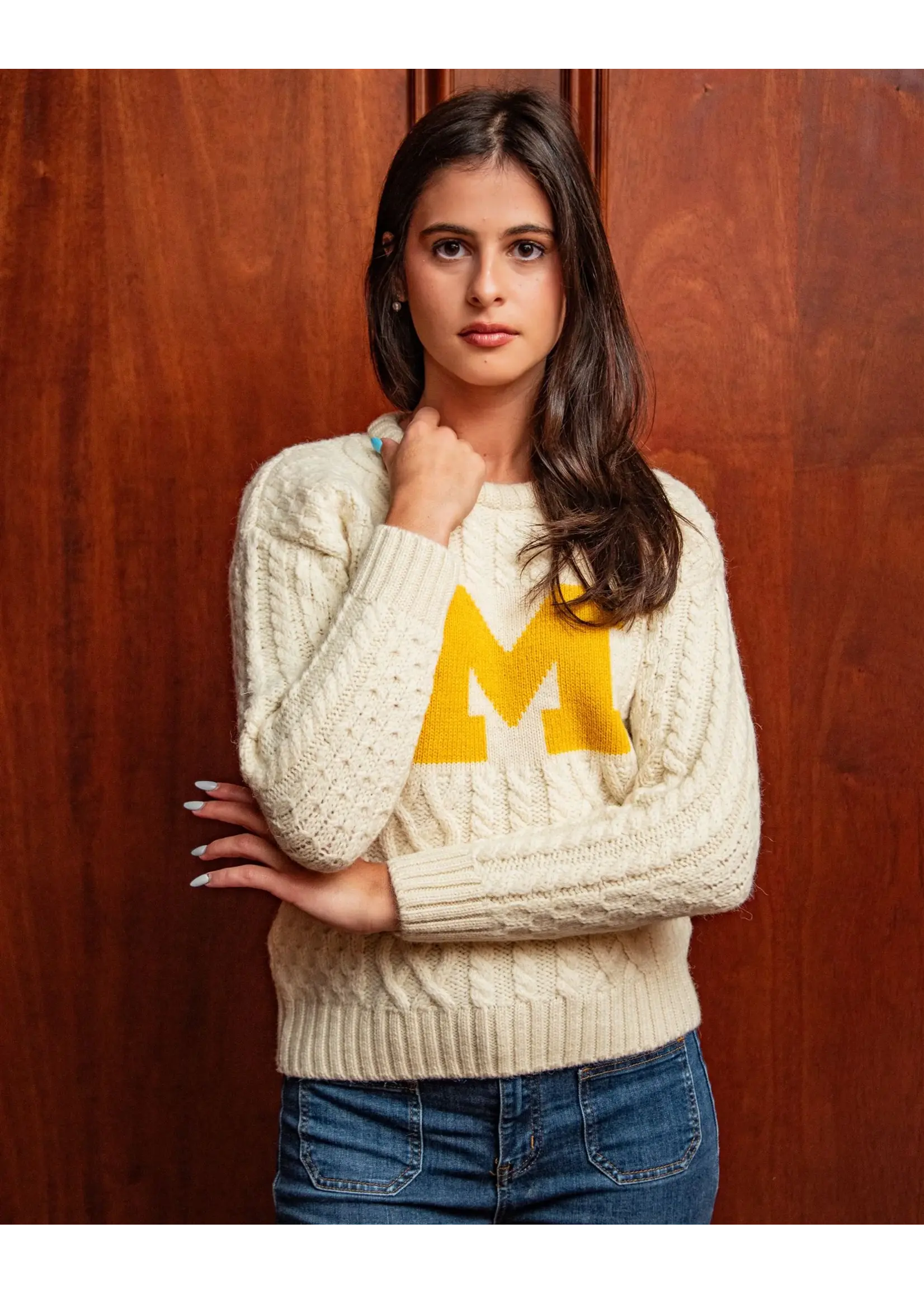 Collegiate Knitwear Designs Ladies Collegiate Knitwear Block M Cable Knit Sweater