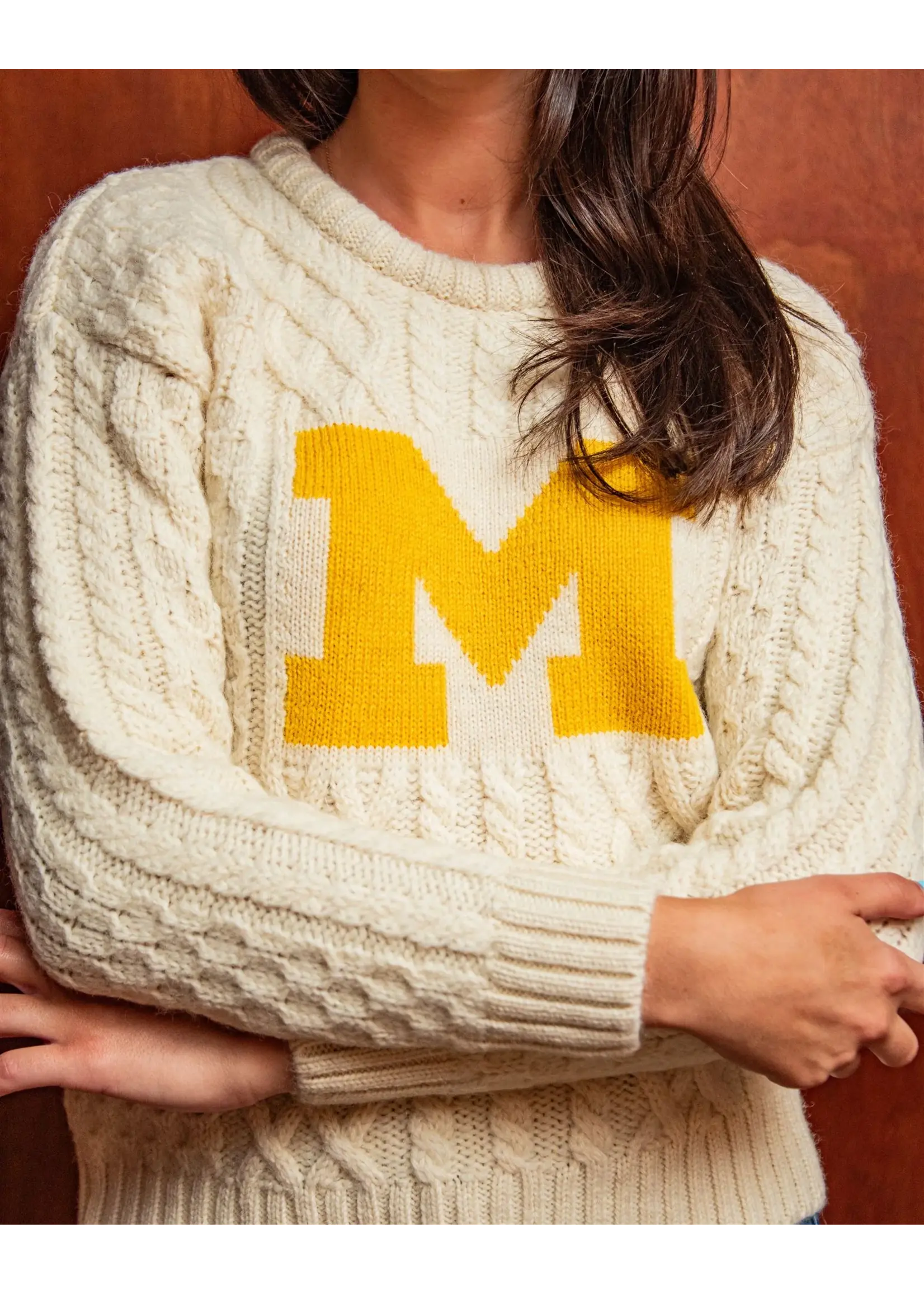 Collegiate Knitwear Designs Ladies Collegiate Knitwear Block M Cable Knit Sweater