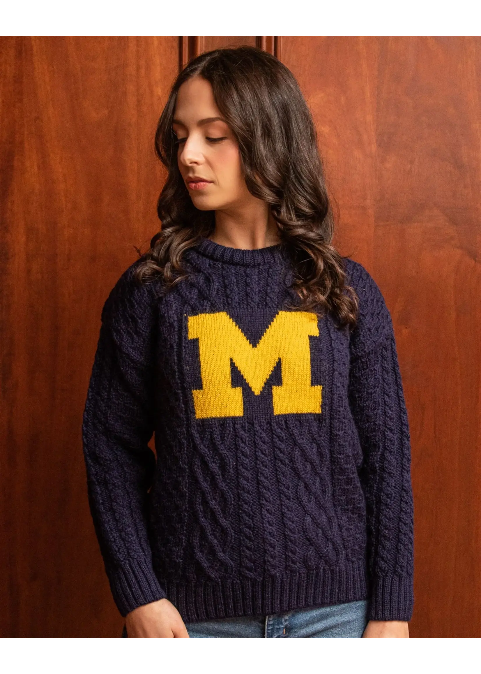 Collegiate Knitwear Designs Ladies Collegiate Knitwear Block M Cable Knit Sweater