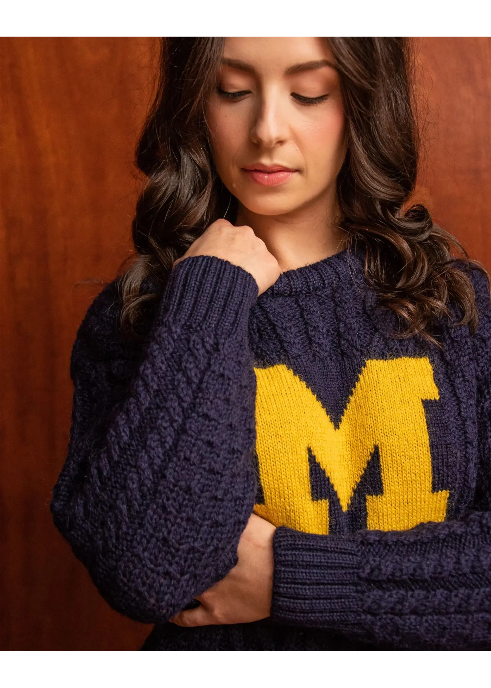 Collegiate Knitwear Designs Ladies Collegiate Knitwear Block M Cable Knit Sweater