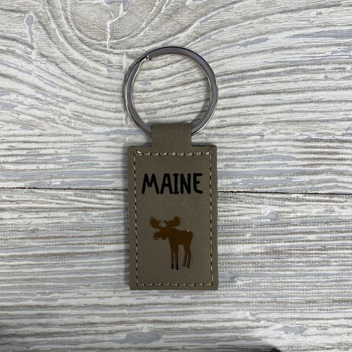 Maine Scene 462-Keychain-Leather Tag with Metal Moose