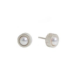 White Pearl Post Earrings with Sand Texture in Silver