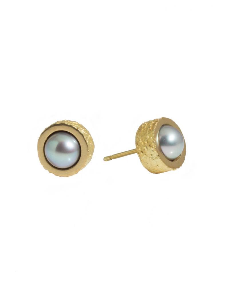Grey Pearl Post Earrings with Sand Texture in 18k Yellow Gold