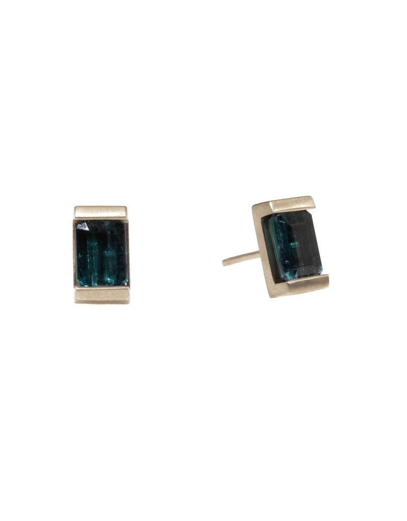 Indicolite Tourmaline Architectural Post Earrings in 18k Palladium White Gold