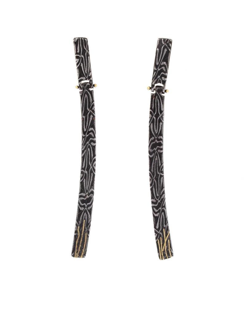 Long Hinged Earrings in Damascus Steel with 18k Yellow Gold