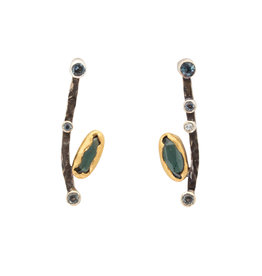 Curved Bar Earrings with Tourmaline, Diamonds, and Sapphires in Oxidized Silver & 22k Gold