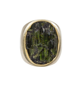 Rough Tourmaline Oval Ring in 18k Yellow Gold and Brushed Silver