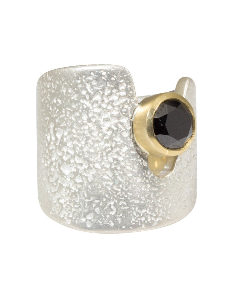 Textured Cuba Ring in Silver with Black Diamond in 18k Yellow Gold