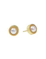 White Pearl Post Earrings with Sand Texture in 18k Yellow Gold