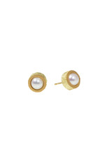 White Pearl Post Earrings with Sand Texture in 18k Yellow Gold