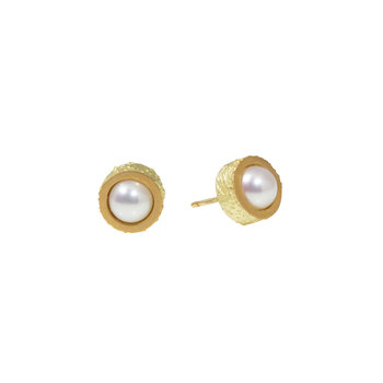 White Pearl Post Earrings with Sand Texture in 18k Yellow Gold