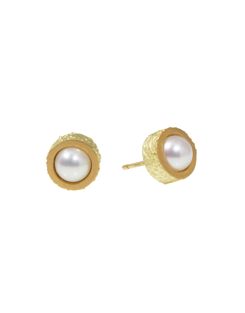 White Pearl Post Earrings with Sand Texture in 18k Yellow Gold