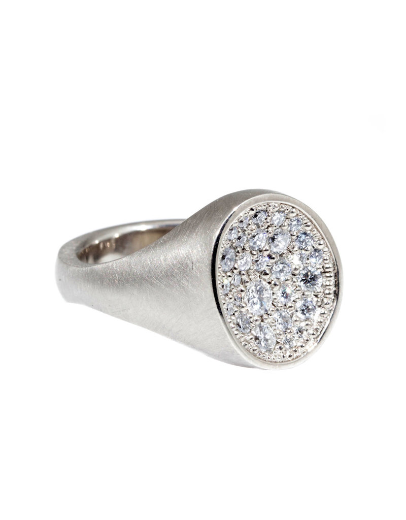Organic Shaped Pave Signet Ring with White Diamonds in 18k Palladium White Gold