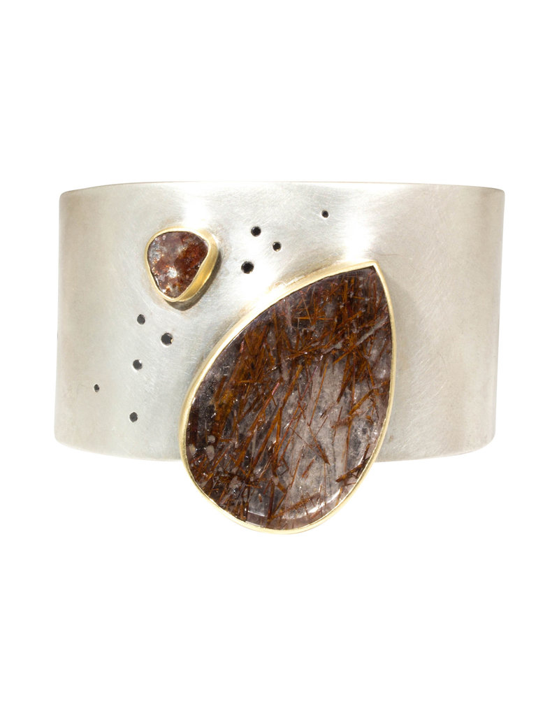 Rutilated Quartz and Diamond Cuff in 18k Yellow Gold and Sterling Silver