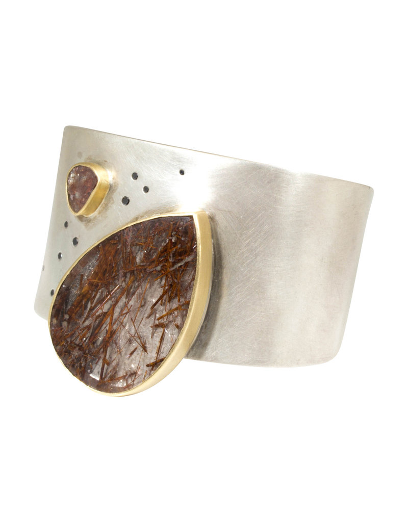 Rutilated Quartz and Diamond Cuff in 18k Yellow Gold and Sterling Silver